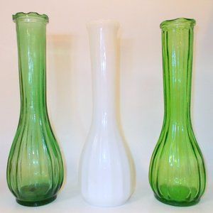3 Tall Glass Bud Vases Green & White 8.5"-9" Ribbed